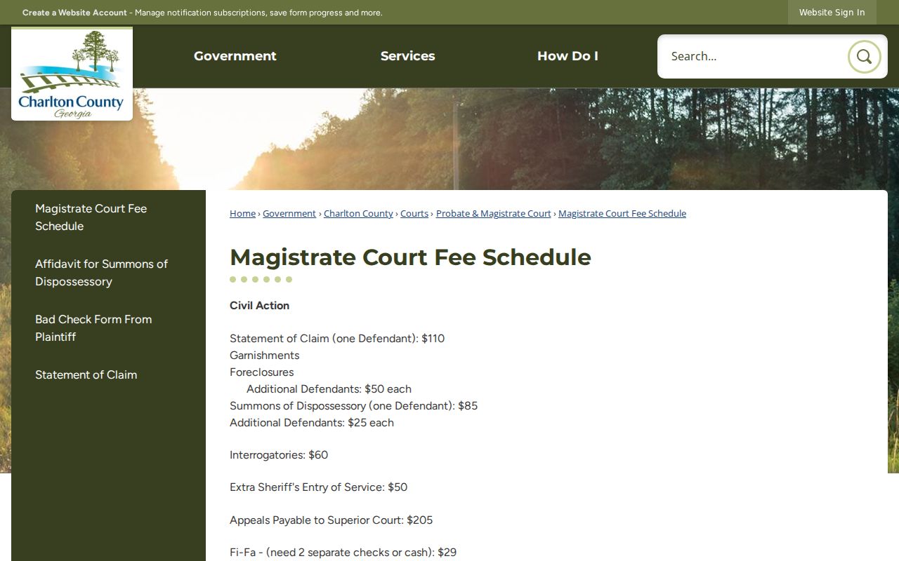Charlton County Magistrate Court schedule with a pre-warrant application entry