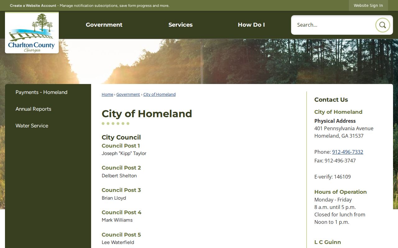 Official Homeland city contact page with address and office hours