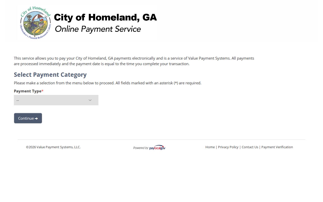 Homeland Value Payment Systems page with payment type selector